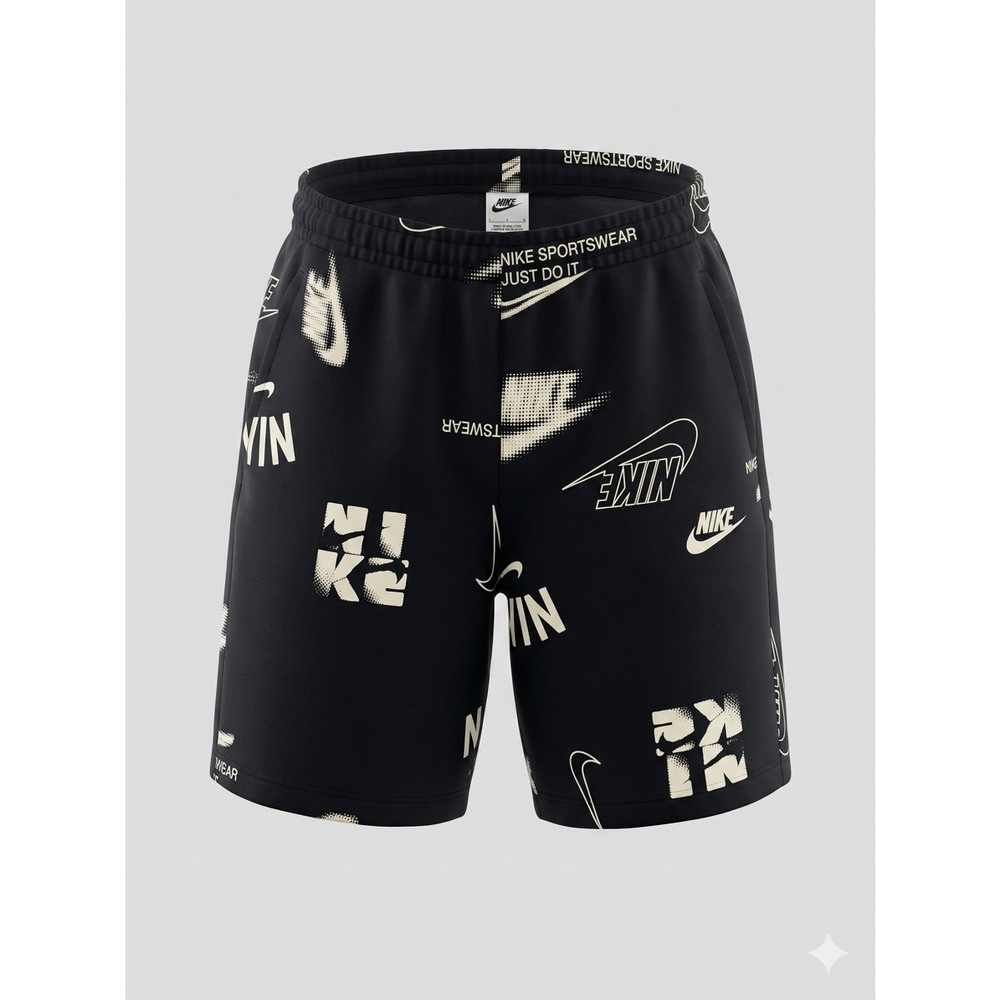 Nike Sportswear Big Kids' Club French Terry Allover Print Shorts Black White L